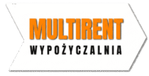Logo wypożyczalni na tle bialej strzałki